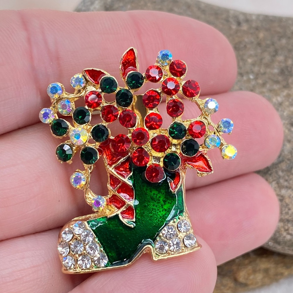 Christmas Boot Flowers Gold Tone Pin Brooch Multicolor Rhinestones Festive Pin